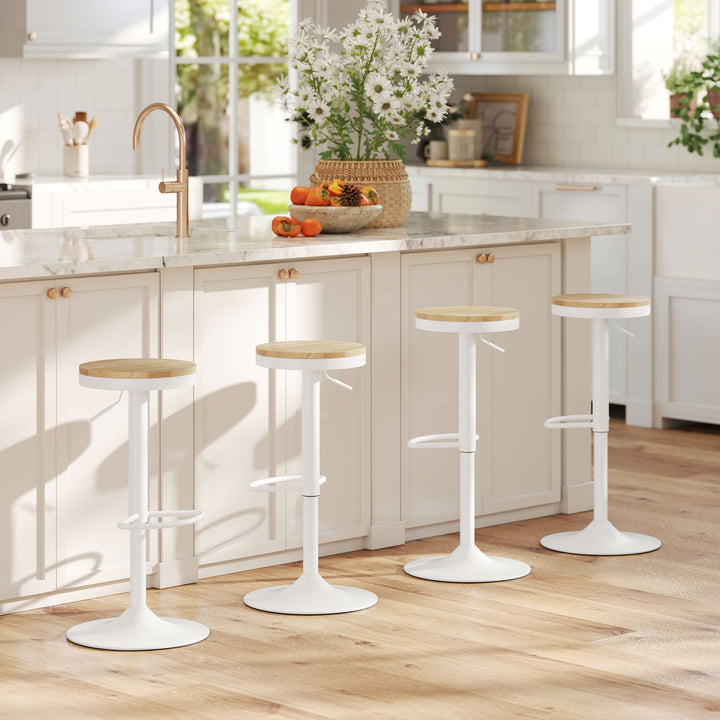 Conjunto de 2 Bancos de Bar Giratórios Bancos Altos de Cozinha com Altura Ajustável Assento em Madeira Estrutura em Aço e Descanso para Pés para Sala de Jantar Balcão 38,5x38,5x60-80 cm Madeira e Branco
