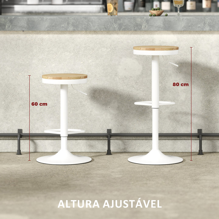 Conjunto de 2 Bancos de Bar Giratórios Bancos Altos de Cozinha com Altura Ajustável Assento em Madeira Estrutura em Aço e Descanso para Pés para Sala de Jantar Balcão 38,5x38,5x60-80 cm Madeira e Branco