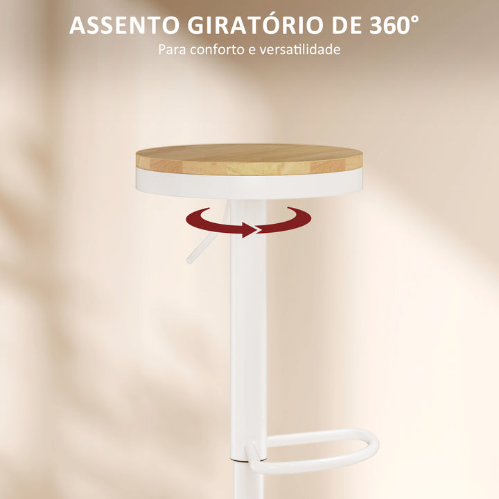 Conjunto de 2 Bancos de Bar Giratórios Bancos Altos de Cozinha com Altura Ajustável Assento em Madeira Estrutura em Aço e Descanso para Pés para Sala de Jantar Balcão 38,5x38,5x60-80 cm Madeira e Branco