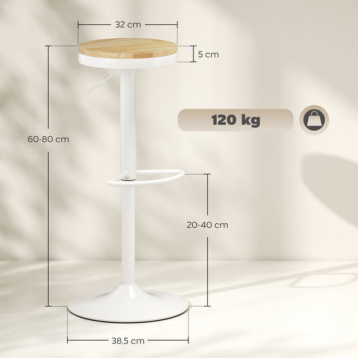 Conjunto de 2 Bancos de Bar Giratórios Bancos Altos de Cozinha com Altura Ajustável Assento em Madeira Estrutura em Aço e Descanso para Pés para Sala de Jantar Balcão 38,5x38,5x60-80 cm Madeira e Branco