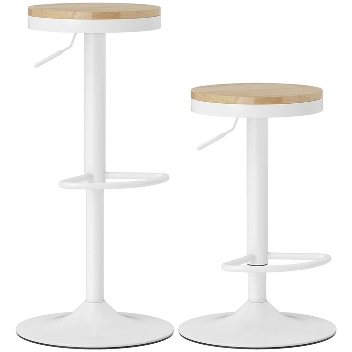 Conjunto de 2 Bancos de Bar Giratórios Bancos Altos de Cozinha com Altura Ajustável Assento em Madeira Estrutura em Aço e Descanso para Pés para Sala de Jantar Balcão 38,5x38,5x60-80 cm Madeira e Branco