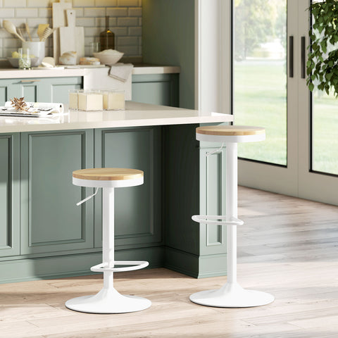 Conjunto de 2 Bancos de Bar Giratórios Bancos Altos de Cozinha com Altura Ajustável Assento em Madeira Estrutura em Aço e Descanso para Pés para Sala de Jantar Balcão 38,5x38,5x60-80 cm Madeira e Branco