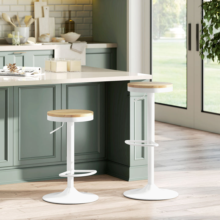 Conjunto de 2 Bancos de Bar Giratórios Bancos Altos de Cozinha com Altura Ajustável Assento em Madeira Estrutura em Aço e Descanso para Pés para Sala de Jantar Balcão 38,5x38,5x60-80 cm Madeira e Branco