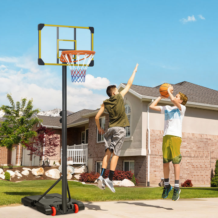 Tabela de Basquetebol com Altura Ajustável 178-208 cm Rodas Cesta de Basquetebol para Crianças acima de 6 Anos com Base Recarregável para Exterior 75x56x210-240 cm Amarelo e Preto
