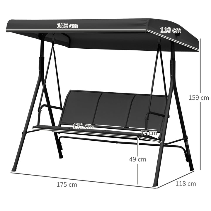 Baloiço de Jardim Exterior de 3 Lugares com Toldo Reclinável Estrutura de Aço e Assento Respirável 175x118x159 cm Preto