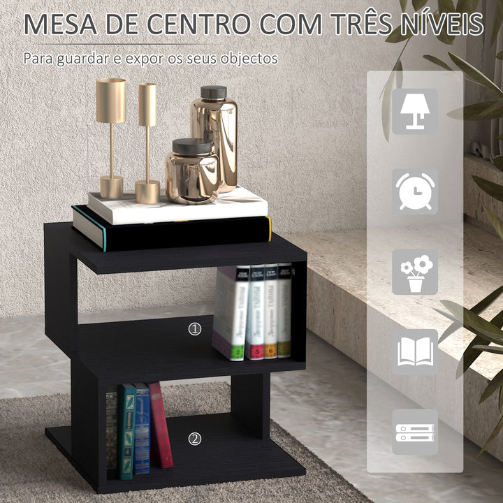 Mesa Auxiliar Mesa de Cabeceira Mesa Centro de 2 Níveis com Prateleira de Armazenamento para Sala Quarto Estante 40x40x43 cm Preto