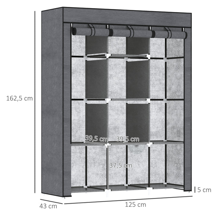 Roupeiro de Tecido Dobrável Armário Portátil com 8 Prateleiras de Armazenamento e 2 Barras de Pendurar Organizador de Roupa para Dormitório Vestidor 125x43x162,5 cm Cinzento