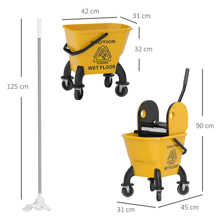 Balde de Esfregona com Rodas Espremedor Desmontável de Pressão para Baixo Capacidade 26 L Balde de Esfregar Inclui Esfregona e Asa para Uso Comercial e Doméstico 45x31x90 cm Amarelo