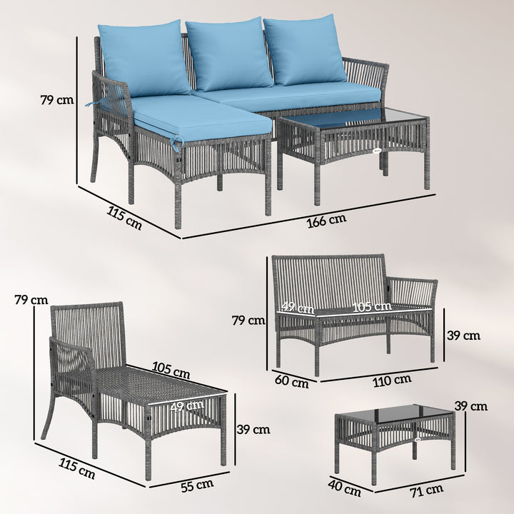 Conjunto de Jardim de Vime de 3 Peças Móveis de Jardim Exterior com Sofá de 2 Lugares Chaise Longue Mesa de Centro com Vidro Temperado Almofadas Resistente Azul Claro