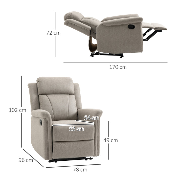 Poltrona Relax Reclinável Manual Poltrona Relax em Tecido com Apoios de Braço Apoio para os Pés Encosto Alto Almofadada Poltrona Reclinável até 135º para Sala Quarto, Escritório 78x96x102 cm Cinza