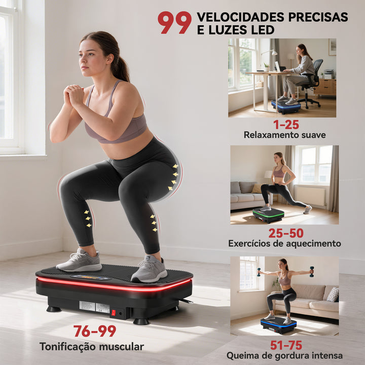 Plataforma Vibratória 99 Velocidades 3 Programas Plataforma de Vibração Muscular com Bluetooth Ecrã LED Luzes Com Controlo Remoto Bandas Elásticas Para Exercício em Casa 47x32x12 cm Preto