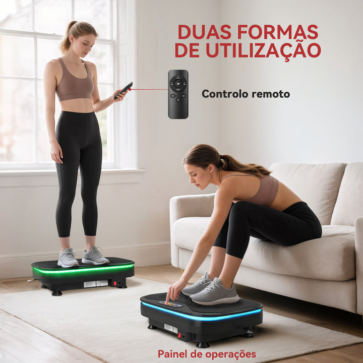 Plataforma Vibratória 99 Velocidades 3 Programas Plataforma de Vibração Muscular com Bluetooth Ecrã LED Luzes Com Controlo Remoto Bandas Elásticas Para Exercício em Casa 47x32x12 cm Preto