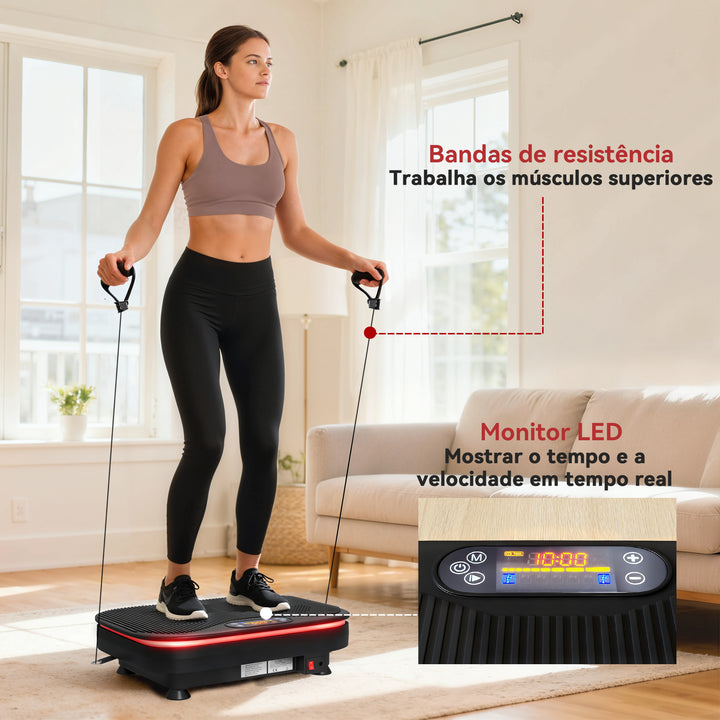 Plataforma Vibratória 99 Velocidades 3 Programas Plataforma de Vibração Muscular com Bluetooth Ecrã LED Luzes Com Controlo Remoto Bandas Elásticas Para Exercício em Casa 47x32x12 cm Preto