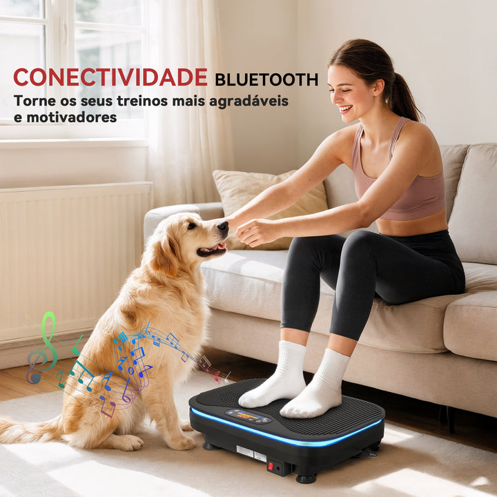 Plataforma Vibratória 99 Velocidades 3 Programas Plataforma de Vibração Muscular com Bluetooth Ecrã LED Luzes Com Controlo Remoto Bandas Elásticas Para Exercício em Casa 47x32x12 cm Preto