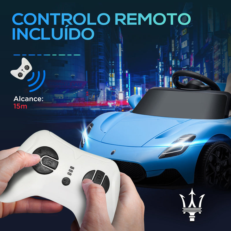 Carro Elétrico para Crianças acima de 3 Anos com Licença Maserati MC20 Carro Elétrico Infantil com Bateria 12V Controlo Remoto Farois Buzina e Música 105x65,5x42 cm Azul