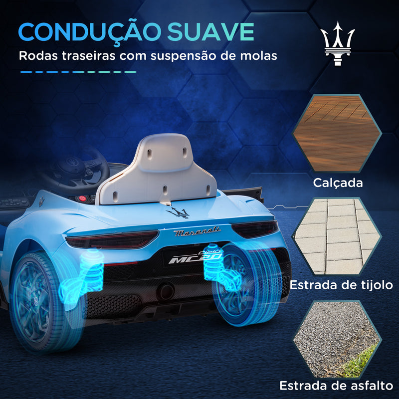 Carro Elétrico para Crianças acima de 3 Anos com Licença Maserati MC20 Carro Elétrico Infantil com Bateria 12V Controlo Remoto Farois Buzina e Música 105x65,5x42 cm Azul