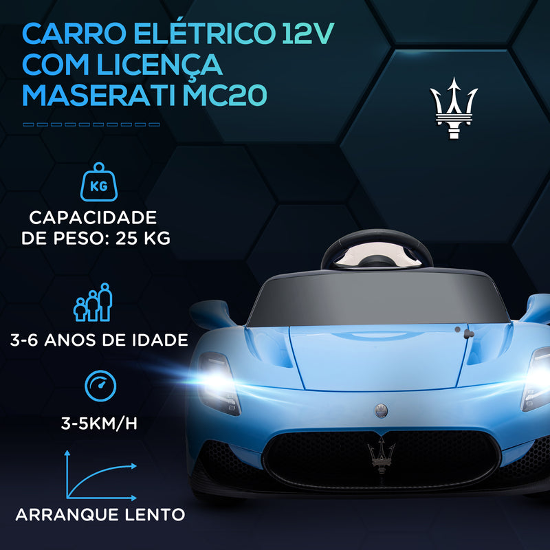 Carro Elétrico para Crianças acima de 3 Anos com Licença Maserati MC20 Carro Elétrico Infantil com Bateria 12V Controlo Remoto Farois Buzina e Música 105x65,5x42 cm Azul