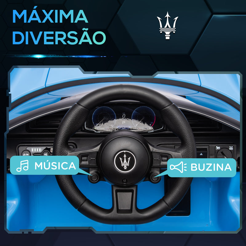 Carro Elétrico para Crianças acima de 3 Anos com Licença Maserati MC20 Carro Elétrico Infantil com Bateria 12V Controlo Remoto Farois Buzina e Música 105x65,5x42 cm Azul