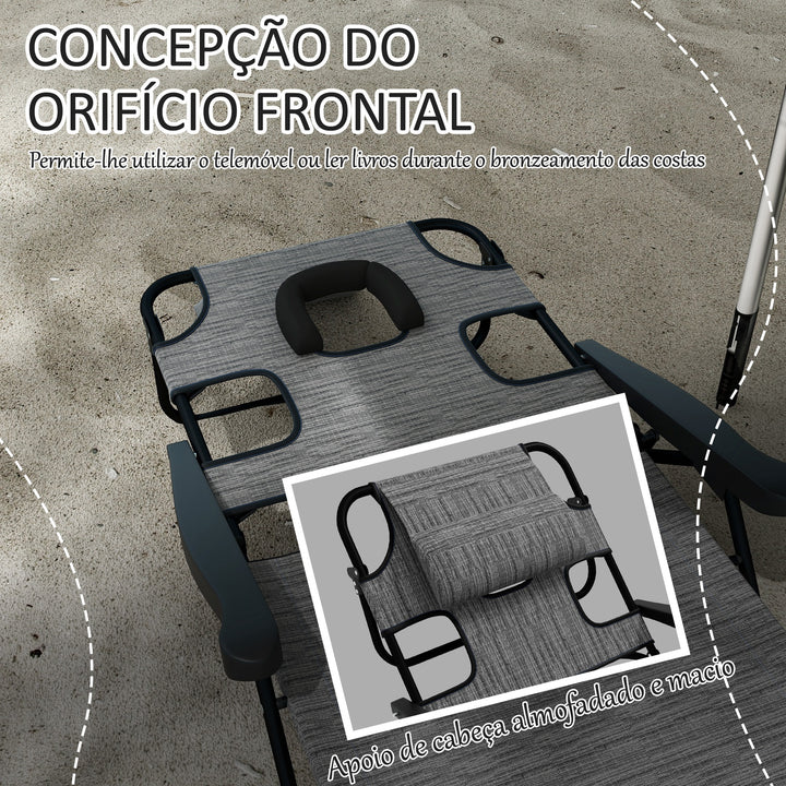 Espreguiçadeira Dobrável Espreguiçadeira de Jardim com Encosto Ajustável em 4 Níveis Orifício de Leitura e Almofada de Apoio à Cabeça para Terraço Piscina 194x72x31 cm Cinza