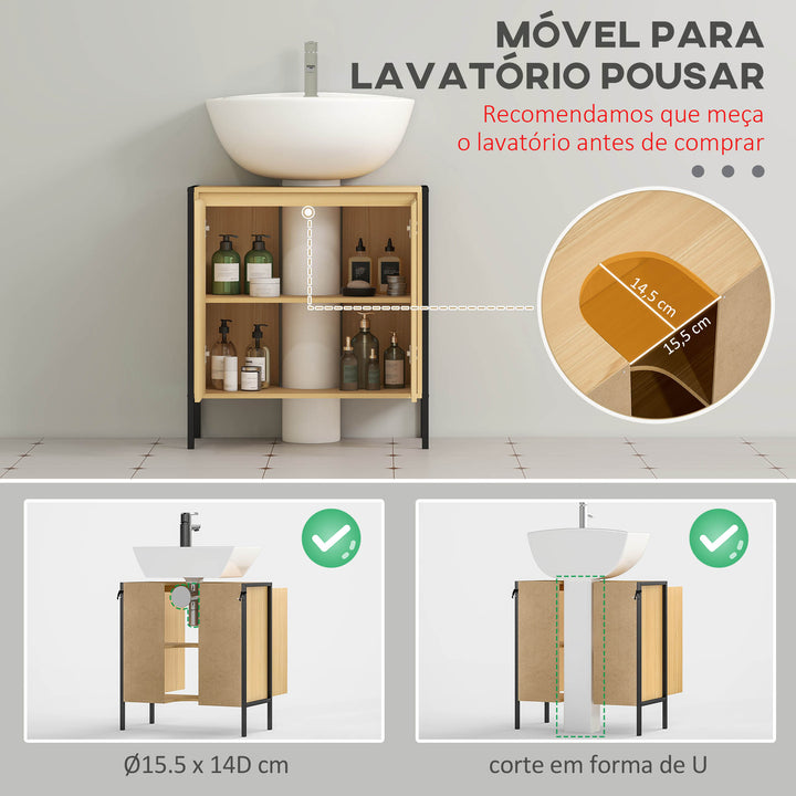 Móvel para Lavatório Pousar Armário Casa de Banho de Madeira com 2 Portas e Prateleira Interior Ajustável Estilo Industrial Anti-Tombo 60x30x62,5cm Madeira e Preto