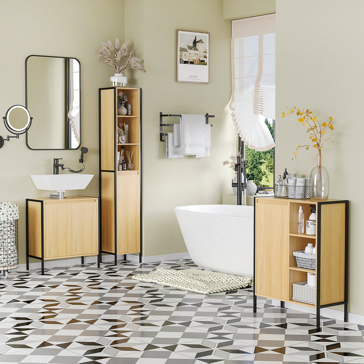 Móvel para Lavatório Pousar Armário Casa de Banho de Madeira com 2 Portas e Prateleira Interior Ajustável Estilo Industrial Anti-Tombo 60x30x62,5cm Madeira e Preto