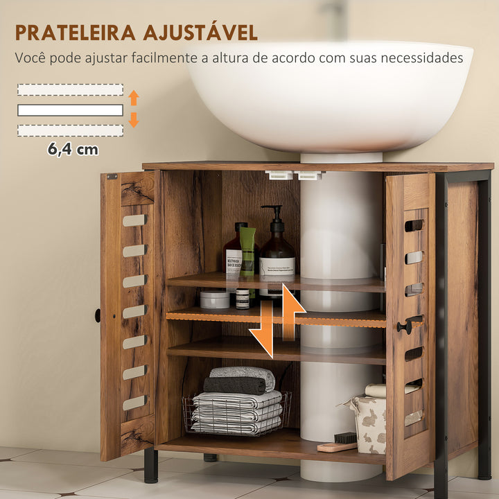 Móvel para Lavatório Pousar Móvel de Casa de Banho Industrial 2 Portas de Ripas com Fecho Magnético Prateleira Ajustável para Lavatórios sem Pedestal 60x30x60 cm Castanho Rústico