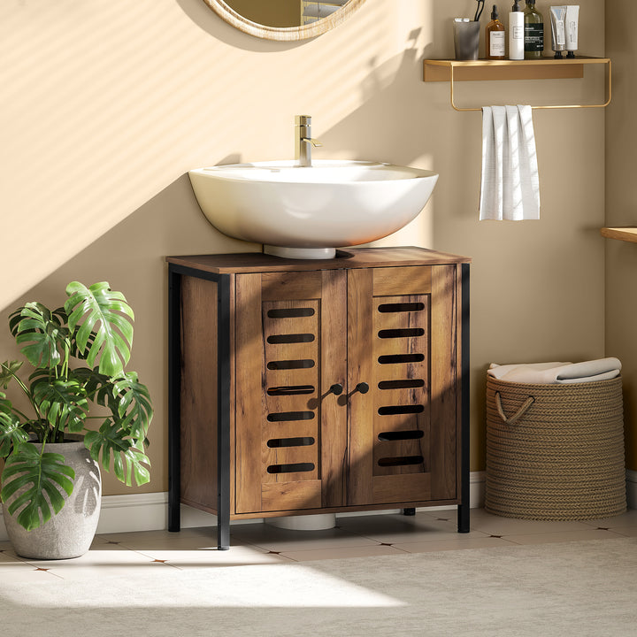 Móvel para Lavatório Pousar Móvel de Casa de Banho Industrial 2 Portas de Ripas com Fecho Magnético Prateleira Ajustável para Lavatórios sem Pedestal 60x30x60 cm Castanho Rústico