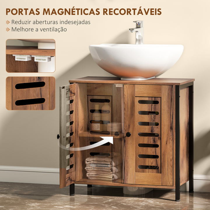 Móvel para Lavatório Pousar Móvel de Casa de Banho Industrial 2 Portas de Ripas com Fecho Magnético Prateleira Ajustável para Lavatórios sem Pedestal 60x30x60 cm Castanho Rústico