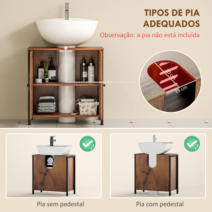 Móvel para Lavatório Pousar Móvel de Casa de Banho Industrial 2 Portas de Ripas com Fecho Magnético Prateleira Ajustável para Lavatórios sem Pedestal 60x30x60 cm Castanho Rústico