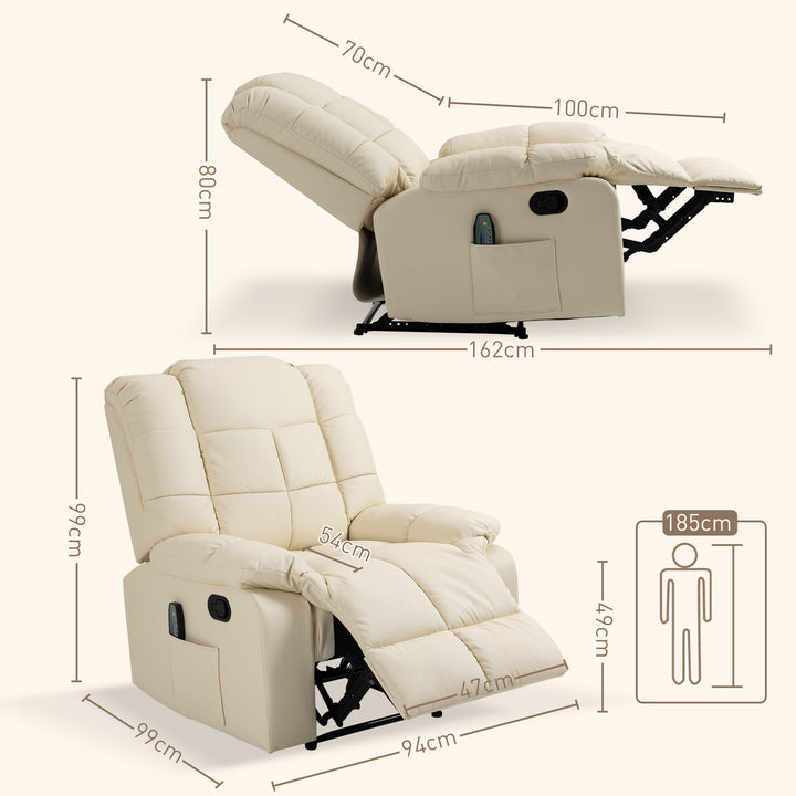 Poltrona de Massagem Poltrona Relax Reclinável com 8 Pontos de Massagem Controlo Remoto Estofada em PU Apoio para Pés Bolso Lateral Poltrona para Sala de Estar Quarto 94x99x99 cm Creme