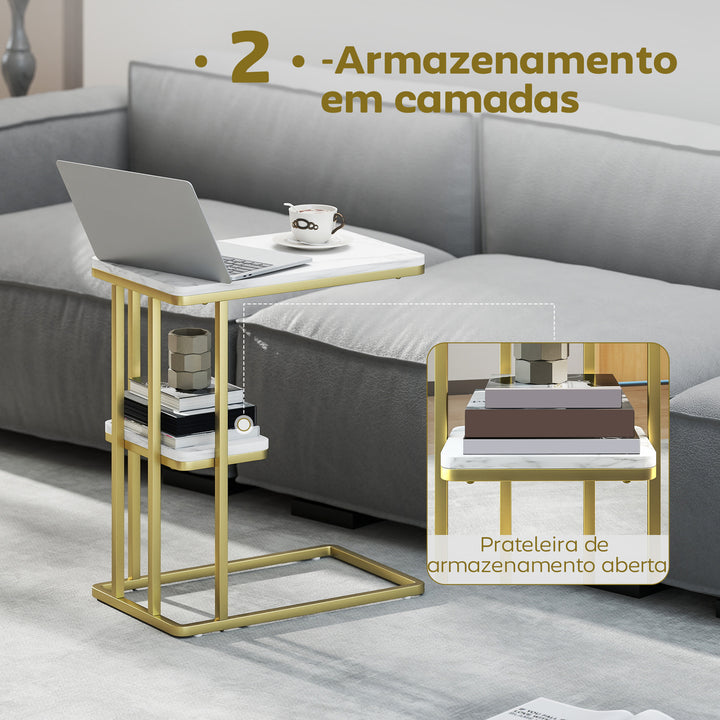 Mesa Auxiliar Estrutura em C Mesa Auxiliar Estreita de 2 Níveis com Prateleira Mesa de Cabeceira Moderna para Espaços Pequenos Sala Quarto 50x30x57,5 cm Branco Efeito Mármore