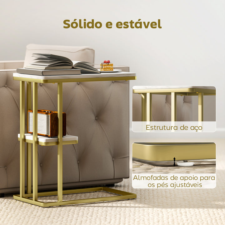 Mesa Auxiliar Estrutura em C Mesa Auxiliar Estreita de 2 Níveis com Prateleira Mesa de Cabeceira Moderna para Espaços Pequenos Sala Quarto 50x30x57,5 cm Branco Efeito Mármore