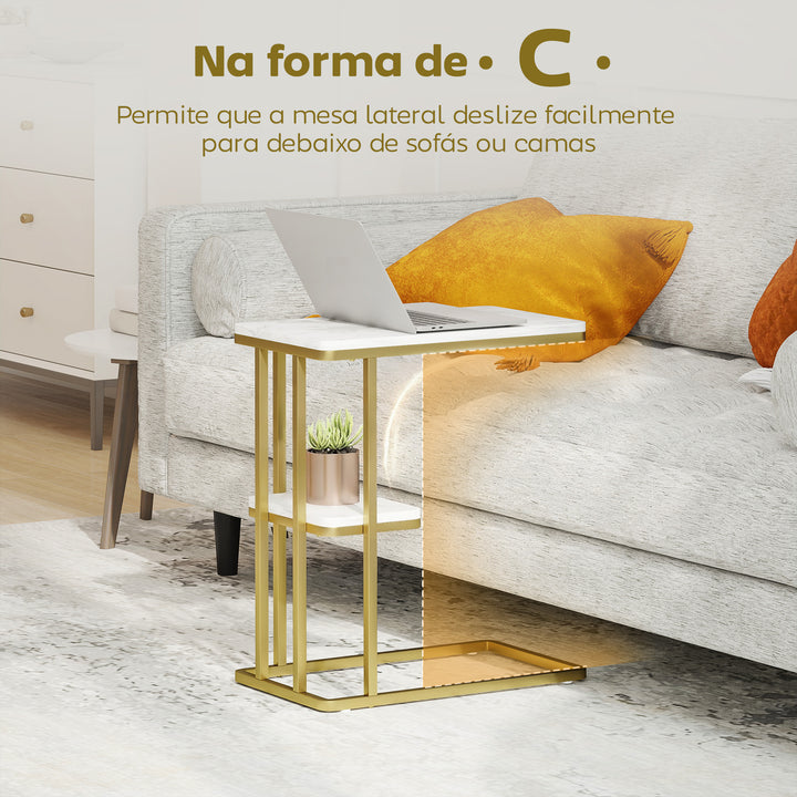 Mesa Auxiliar Estrutura em C Mesa Auxiliar Estreita de 2 Níveis com Prateleira Mesa de Cabeceira Moderna para Espaços Pequenos Sala Quarto 50x30x57,5 cm Branco Efeito Mármore