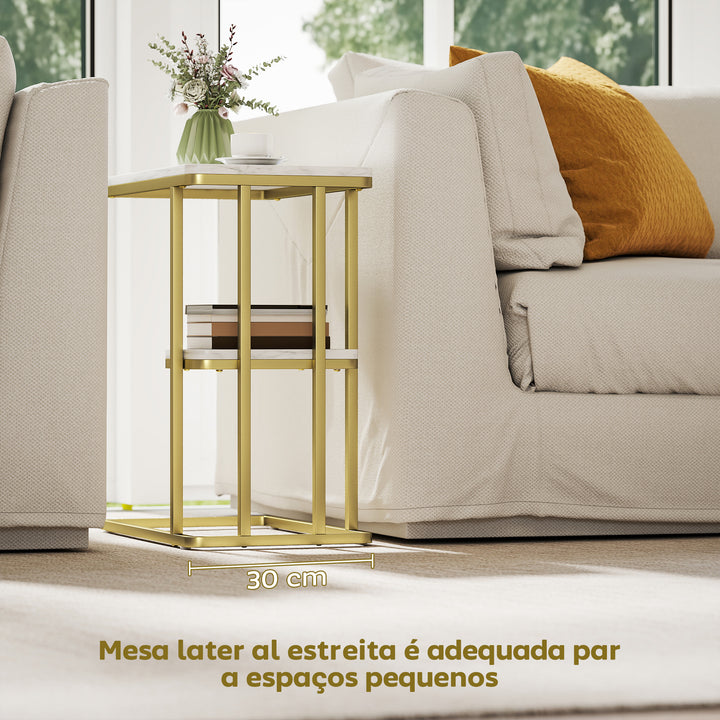 Mesa Auxiliar Estrutura em C Mesa Auxiliar Estreita de 2 Níveis com Prateleira Mesa de Cabeceira Moderna para Espaços Pequenos Sala Quarto 50x30x57,5 cm Branco Efeito Mármore