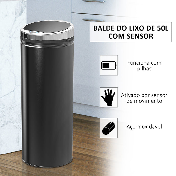 Balde do Lixo Automático 50L Lixeira de Cozinha com Sensor de Movimento Tampa de Fecho Suave e Silencioso Estrutura em Aço Inoxidável para Sala de Jantar Escritório Preto