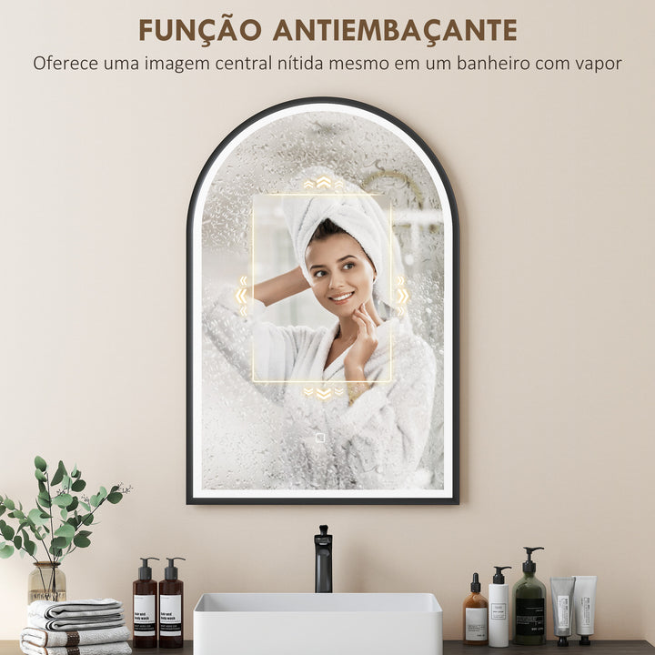 Espelho de Casa de Banho com Luz 60x90 cm Espelho de Parede Arqueado 3 Cores de Luz Brilho Regulável Função Antiembaçiamento Memória Interruptor Tátil Moldura de Alumínio IP44 Preto