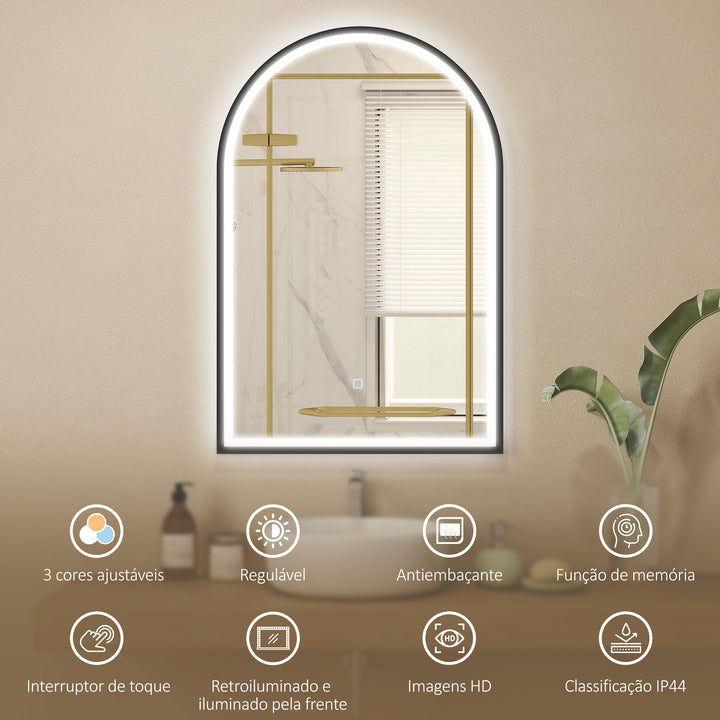 Espelho de Casa de Banho com Luz 60x90 cm Espelho de Parede Arqueado 3 Cores de Luz Brilho Regulável Função Antiembaçiamento Memória Interruptor Tátil Moldura de Alumínio IP44 Preto