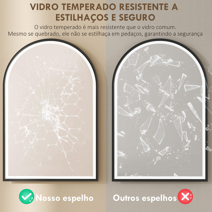 Espelho de Casa de Banho com Luz 60x90 cm Espelho de Parede Arqueado 3 Cores de Luz Brilho Regulável Função Antiembaçiamento Memória Interruptor Tátil Moldura de Alumínio IP44 Preto