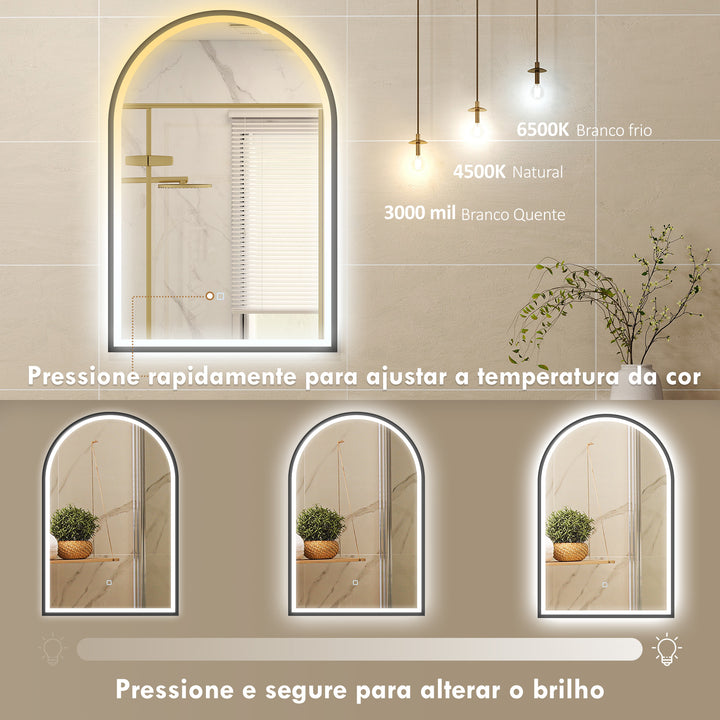 Espelho de Casa de Banho com Luz 60x90 cm Espelho de Parede Arqueado 3 Cores de Luz Brilho Regulável Função Antiembaçiamento Memória Interruptor Tátil Moldura de Alumínio IP44 Preto