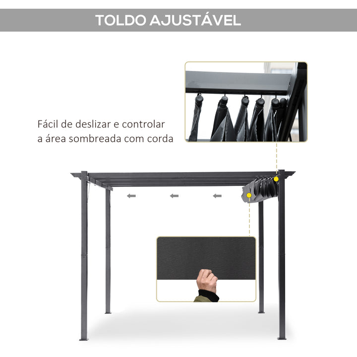 Pérgola de Jardim 3x3 m com Telhado Retrátil Pérgola de Exterior com Proteção UPF30+ Orifícios de Drenagem Estrutura de Alumínio Cobertura para Pátio Terraço Cinzento Escuro