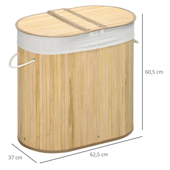 Cesto de Roupa Suja com Tampa 100L Cesto de Bambu com 2 Compartimentos Forro Interior Removível e Lavável Alças para Lavandaria Quarto 62,5x37x60,5 cm Madeira