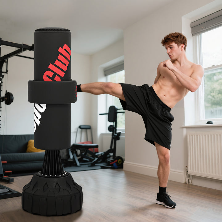 Saco de Boxe de Pé 175 cm para Adultos Faixa de Altura Ajustável 65–175 cm Base Recarregável com Ventosas Amortecedor Inclui Bandagem Treino MMA Muay Thai Preto
