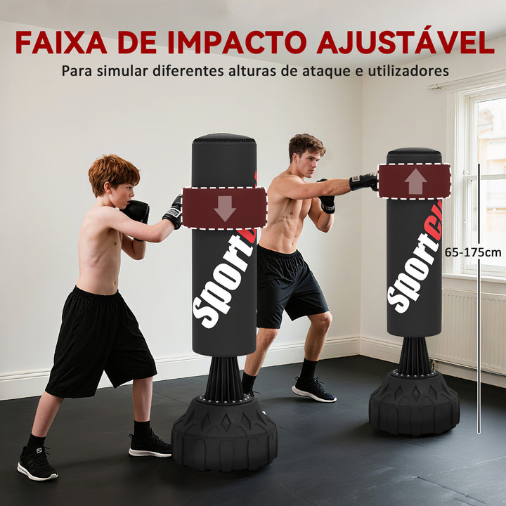 Saco de Boxe de Pé 175 cm para Adultos Faixa de Altura Ajustável 65–175 cm Base Recarregável com Ventosas Amortecedor Inclui Bandagem Treino MMA Muay Thai Preto