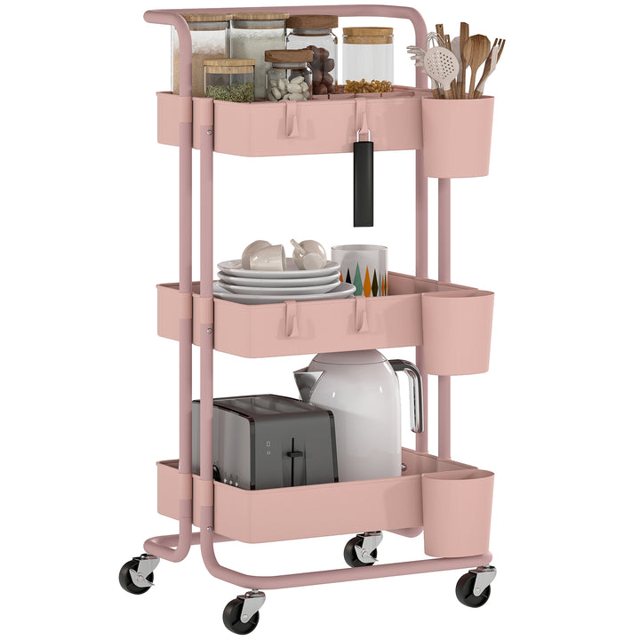 Carrinho de Cozinha de Aço Carrinho de Armazenamento com 4 Ganchos 3 Cestas Removíveis 3 Caixas Suspensas e Travões para Casa de Banho Sala de Estar Dormitório 42x38x86,5 cm Rosa