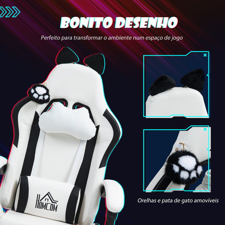 Cadeira Gaming com Orelhas Cadeira Gamer Reclinável com Altura Ajustável Apoio para os Pés Retrátil Suporte Lombar e Apoio para a Cabeça Desmontável Cadeira para Escritório 65x62x116-124 cm Branco