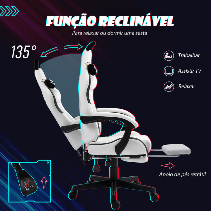 Cadeira Gaming com Orelhas Cadeira Gamer Reclinável com Altura Ajustável Apoio para os Pés Retrátil Suporte Lombar e Apoio para a Cabeça Desmontável Cadeira para Escritório 65x62x116-124 cm Branco