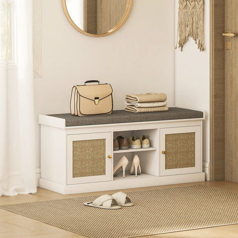 Banco Sapateira Móvel Sapateira Boémio com Assento Acolchoado Portas com Frente em Vime Prateleira Aberta Prateleira Ajustável para 9 Pares de Sapatos para Entrada 105x35x47 cm Branco