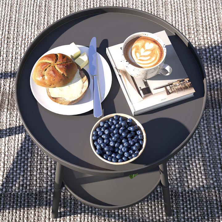 Mesa de Jardim Redonda de 2 Níveis Mesa de Exterior Ø32x51 cm com Bandeja Inferior e Estrutura de Metal Mesa para Exterior e Interior Preto