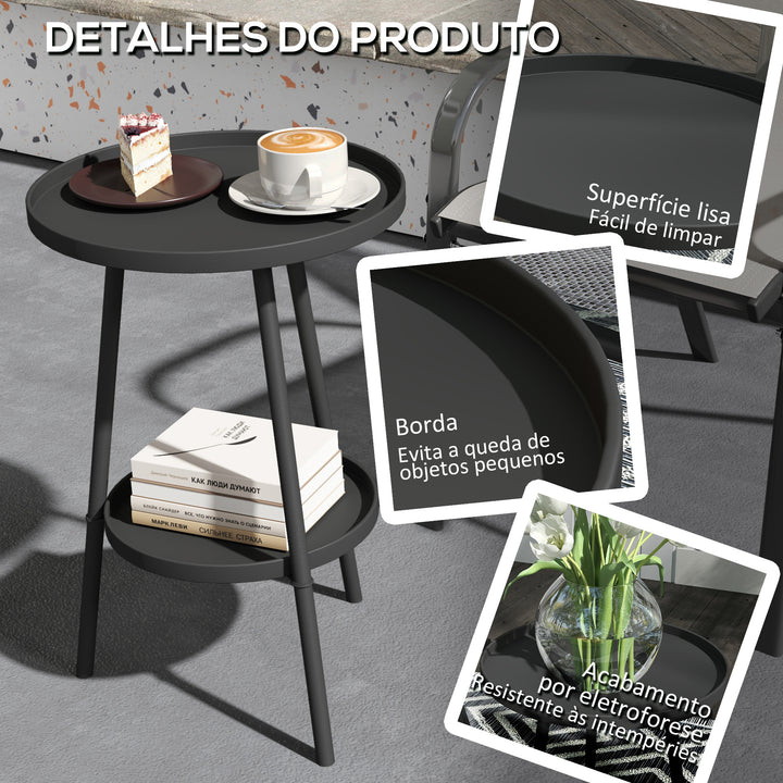 Mesa de Jardim Redonda de 2 Níveis Mesa de Exterior Ø32x51 cm com Bandeja Inferior e Estrutura de Metal Mesa para Exterior e Interior Preto
