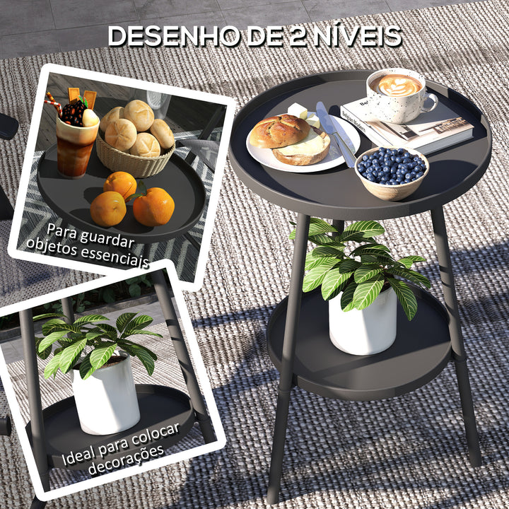 Mesa de Jardim Redonda de 2 Níveis Mesa de Exterior Ø32x51 cm com Bandeja Inferior e Estrutura de Metal Mesa para Exterior e Interior Preto